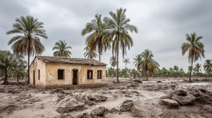Abandoned rural house surrounded by palm trees after severe flooding and natural disaster