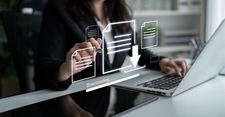 Visual representation of digital document downloading, showing file transfer, data access, and...