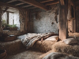 Rustic Barn Interior with Cozy Bedding, Medieval or Fantasy Ambiance