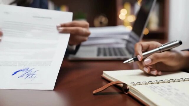 Professional business person carefully signing an important legal document with a sleek silver pen while sitting at a wooden office desk near a laptop and paperwork.
