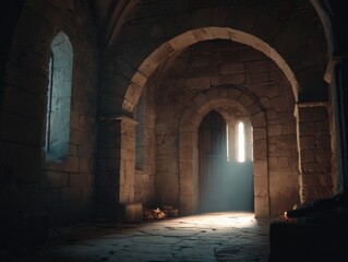 Medieval Dungeon Hallway, Stone Arches and Window with Soft Sunlight Entry
