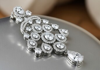 Diamond and silver jewelry on a gray surface with a blurred background