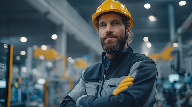 A man wearing a yellow helmet and a blue jacket stands in front of a building
