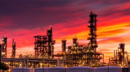 Obraz premium Industrial Oil Refinery at Dramatic Sunset Sky