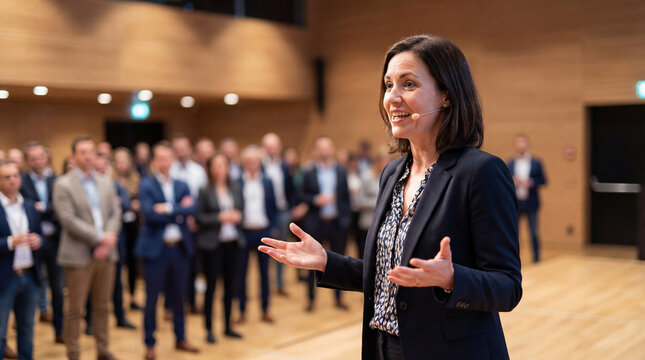 Woman speaker leads business conference keynote. Confident speaker with headset mic engages audience at conference for international womens day, leadership training, corporate communication concept