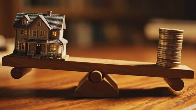 Miniature model of a residential house and a tall stack of gold coins balancing precariously on a small wooden seesaw illustrating housing market investment comparison