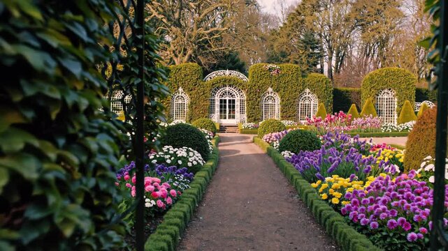 Ivy Framed Garden Gate Opening To Vibrant Flower Beds And Ornate Greenhouse, Gravel Path, Horticulturist Arranging Seasonal Displays, Intimate Springtime Discovery
