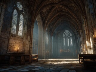 Obraz premium Mystical Cathedral Interior: Sunlight and Shadows in Stone Sanctuary