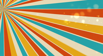 Retro burst pattern with orange, yellow, blue, and beige stripes radiating from a central point, representing energy and vintage aesthetic background