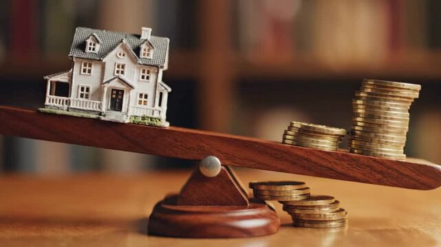 Miniature white house model balancing precariously on a wooden seesaw against stacks of golden coins symbolizing real estate investment value and financial comparison