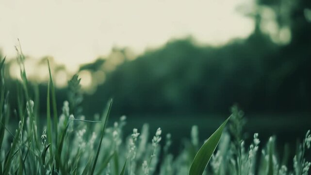 Lush green grass stalks are gently swaying in a blurred natural background, capturing the essence of freshness, growth, and environmental beauty with soft, warm morning light