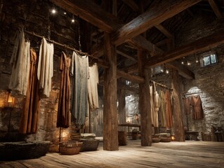 Medieval Interior: Clothing Rack in a Rustic Stone Hall with Wooden Beams