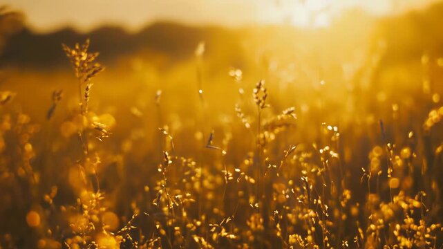 Golden field of dry grass and wheat glowing in warm sunset light, backlit bokeh and sunbeams creating a peaceful, rural harvest scene with soft texture and copy space