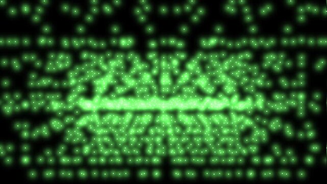 Bright green glowing light particles with distortions and glitches