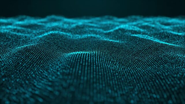 Abstract digital background of flowing cyan particles. A futuristic technology landscape with undulating waves. Big data and network connection concept