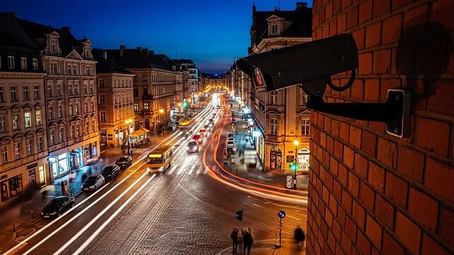 Security Camera Mounted on a Brick Wall Overlooking a Busy City Street at Night with Traffic Light Trails