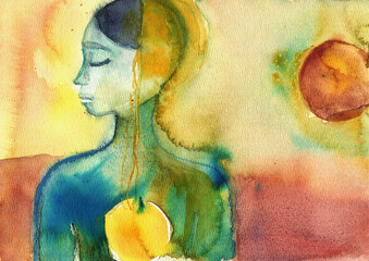 Hand Painted Watercolor Illustration of a Symbolic Female Figure with a Seed of Light