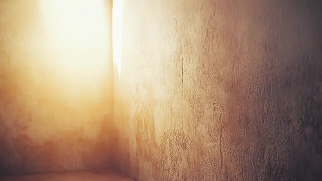 Empty concrete room corner with rough, weathered walls and floor bathed in warm horizontal light, minimalist industrial texture offering quiet, moody backdrop and copy space