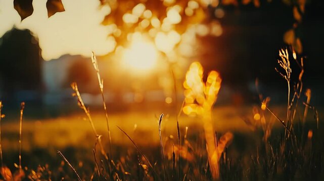 Warm sunlight backlighting blades of grass in a field, creating a radiant glow and soft bokeh in the blurred background, highlighting nature's beauty and tranquility