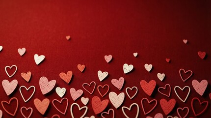 Obraz premium Small decorative paper hearts scattered on deep red background, romantic festive composition symbolizing love, affection and Valentine celebration. Background, copy space