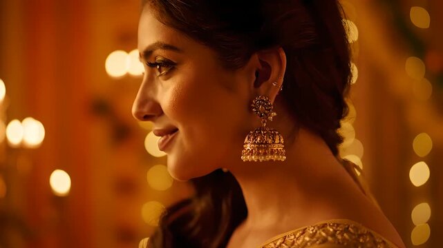 Elegant young Indian woman smiling, adorned with traditional gold jhumka earrings, celebrating a vibrant festival like Diwali or a wedding, bathed in warm festive lights. Ideal for cultural events,