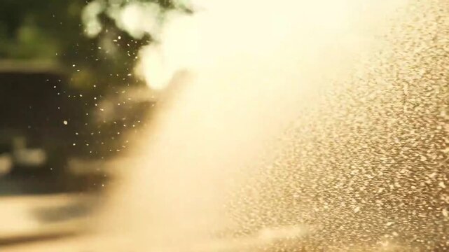 Warm golden dust and dirt particles suspended in motion, shimmering in sunlight to form a dynamic, textured cloud of debris and sparkling airborne granules