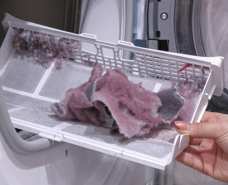 close up female hand taking lint out from dirty air filter of dryer machine after drying. cleaning Dirty filter. hair, wool from the filter in hand. Front Load Tumble Laundry electric Dryer Machine.