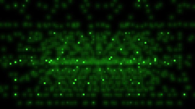 Pixelated light particles glowing in green on black background