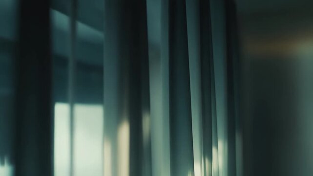 Gentle morning sunbeam filtering through sheer curtains, soft vertical lines and blurred fabric texture creating a serene, minimal interior background with warm, subtle illumination