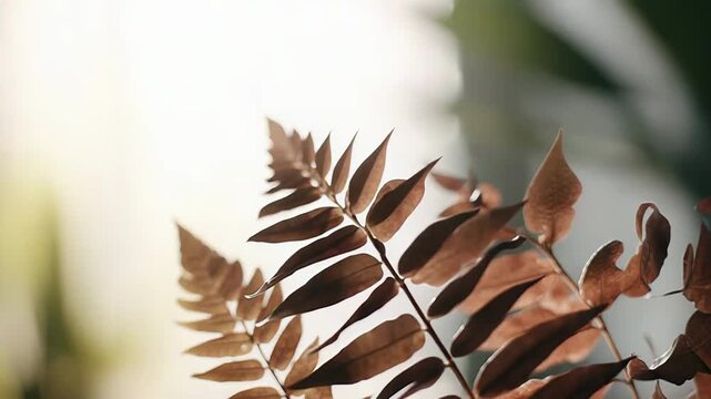 Delicate brown fern leaves capturing warm sunlight, showcasing intricate natural patterns and organic textures against a soft, bright background, symbolizing growth and tranquility