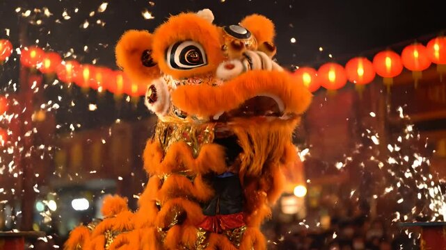 Vibrant orange Chinese lion dance performs traditional movements as sparks fly and red lanterns glow, perfect for Lunar New Year, cultural festivals, and auspicious celebrations.