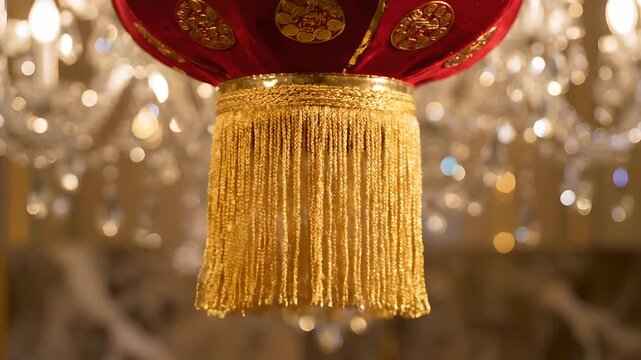 Red velvet Chinese lantern with intricate gold patterns and swaying golden fringe, set against a sparkling bokeh background. Ideal for Chinese New Year, Lunar New Year celebrations, festive events,