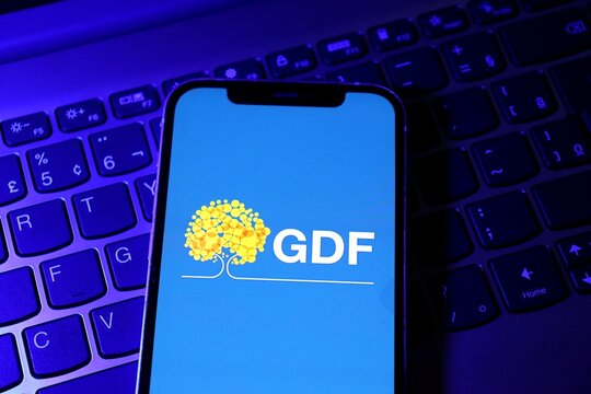 GDF logo (Governo do Distrito Federal) displayed on a smartphone screen. Bras&iacute;lia local government, Brazil. 