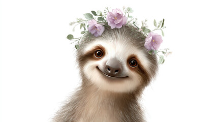 Fototapeta premium Smiling Sloth with Floral Headpiece