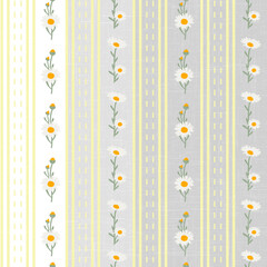 Retro floral stripes seamless pattern with daisies, gray, white, yellow