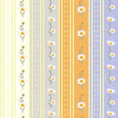 Retro floral stripes seamless pattern, with daisies, Orange, purple, white