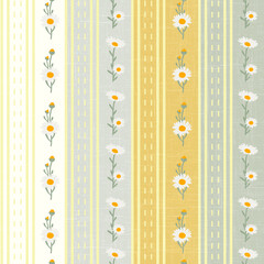 Retro floral stripes seamless pattern, with daisies, yellow, gray, white