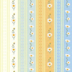 Retro floral stripes seamless pattern, with daisies, yellow, blue, white