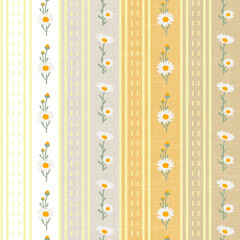 Retro floral stripes seamless pattern, with daisies, yellow, gray, light brown, white