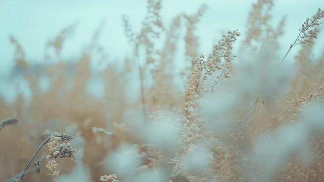 Dry wild grass stalks standing tall, showing the ethereal beauty of a cold season or the end of a cycle, illustrating concepts of nature's resilience, autumn, and fragility