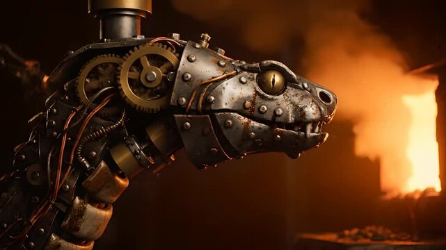 Steampunk mechanical dragon head with intricate gears, glowing eyes, and rusty metal plates actively moving its jaw in a dark, fiery industrial forge. Ideal for fantasy, sci-fi,