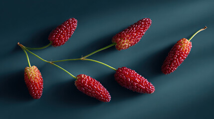 Close-Up of Fresh Red Mulberries on Green Stems