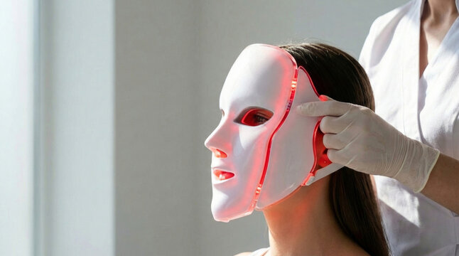 Beautician using LED face mask on woman. Concept of skincare, beauty treatments, and modern technology. Useful for articles on skincare innovations and beauty industry trends.