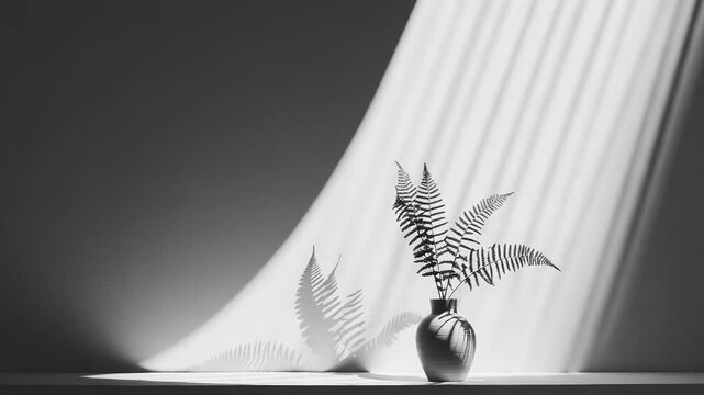 Fern leaves standing in a dark vase on a surface against a light wall, creating strong light and shadow patterns from a window blind, emphasizing contemporary minimalist indoor decor