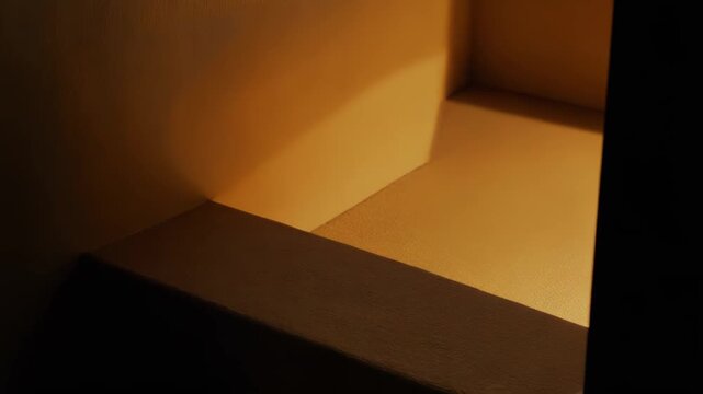 Warm golden sunlight streams across interior walls and a shelf, creating sharp abstract geometric shadows and highlighting textured surfaces in a minimalist composition