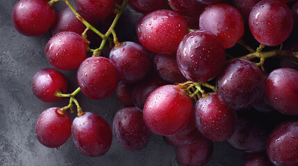 Fresh Red Grapes Cluster with Dew Drops on Stem