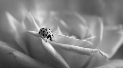 Ladybug on Blossom in Close-Up Black and White Photography