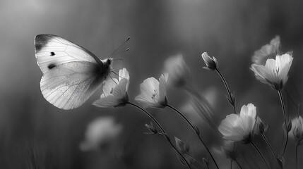 Butterfly Resting on Flower in Black and White