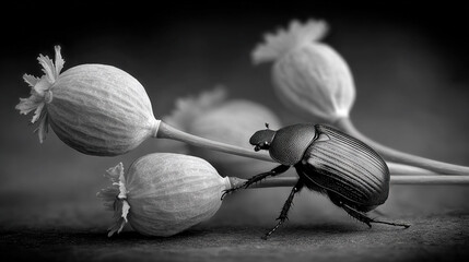 Beetle crawling on opium poppy seed pods