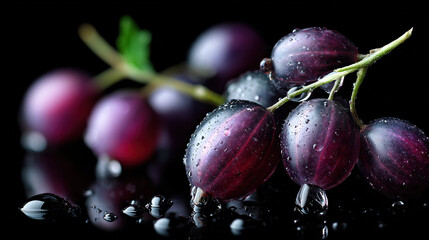 Ripe purple grapes with water droplets on black background